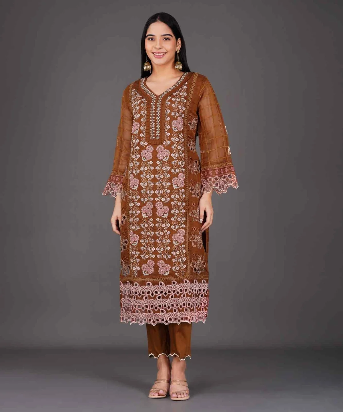 brown-floral-embroidered-kurta-set-angle